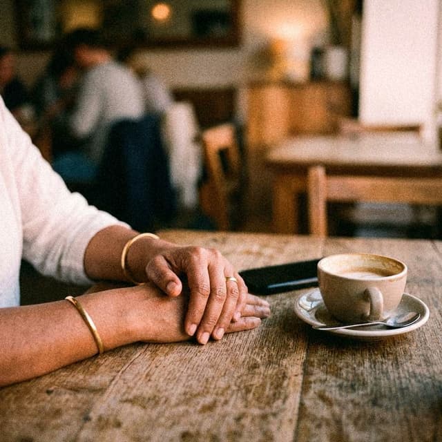 A woman's hands rest beside a phone lying face down on a cafe table