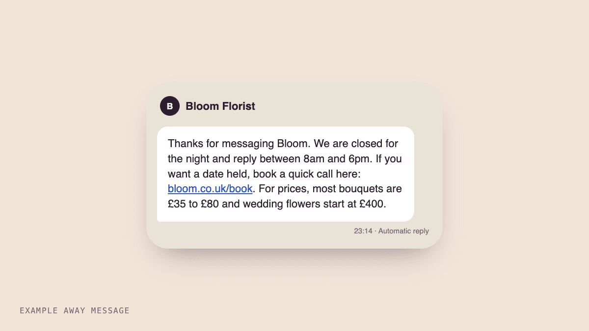 A phone showing an automatic reply from a florist: closed for the night, replies between 8am and 6pm, a booking link, and bouquet prices from £35 to £80