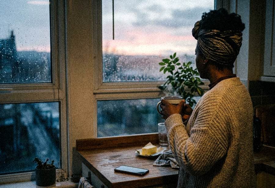 Monday morning: a woman at her kitchen window with a mug of tea, phone dark on the worktop