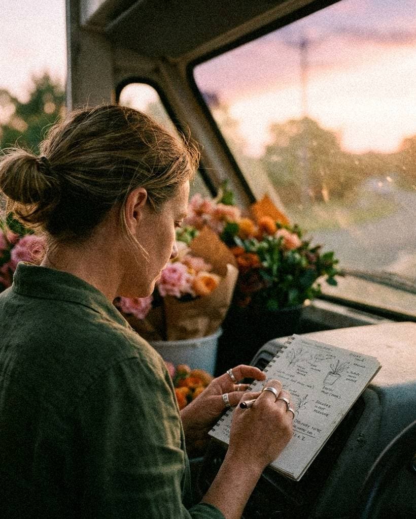A florist sketches a plan in a notebook on the dashboard of her van at golden hour