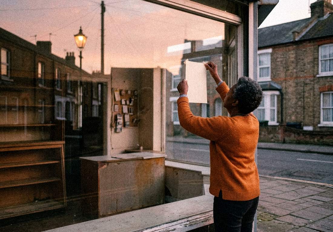A woman tapes a blank sheet of paper inside the window of the empty corner shop she is about to open